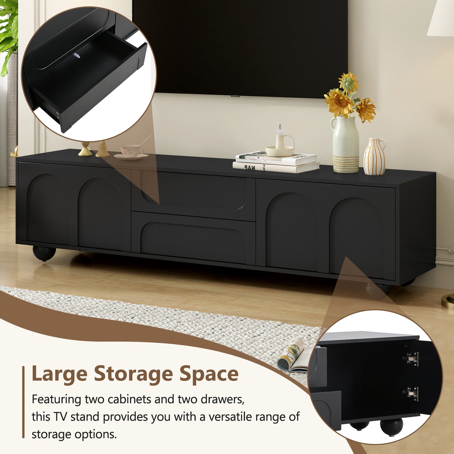 Modern black TV stand with arched cabinet doors and two drawers