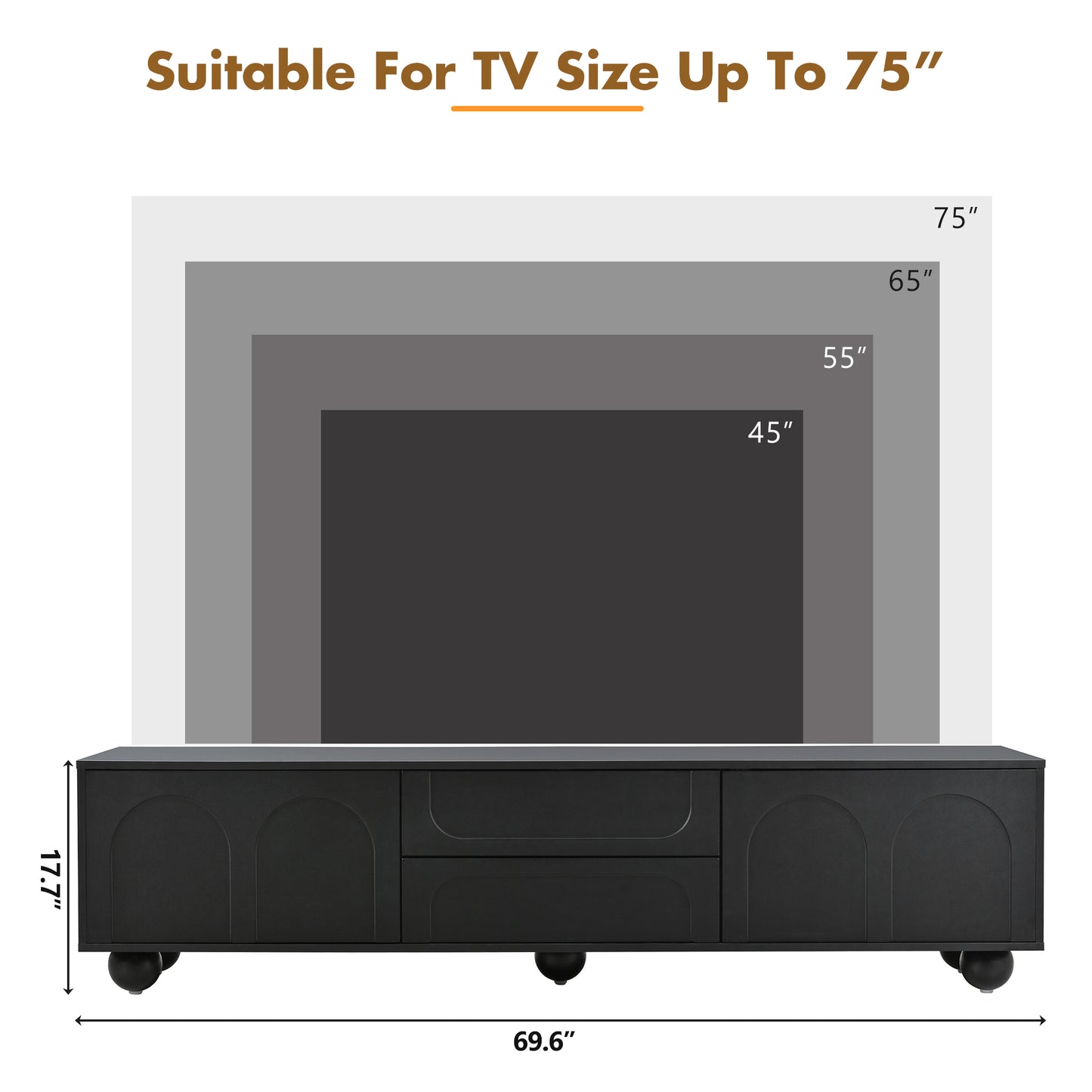 Black media console with arched cabinet doors suitable for TVs up to inches