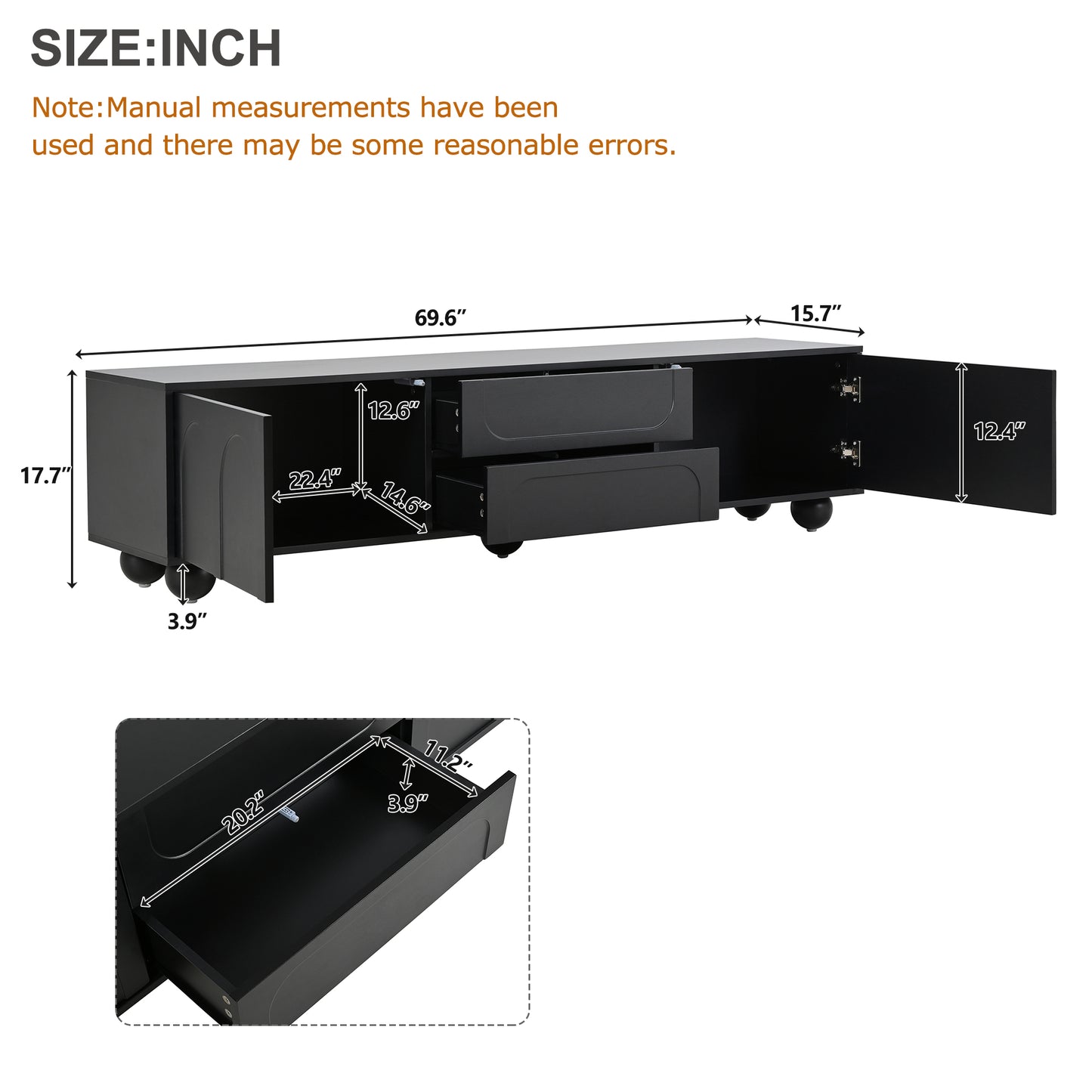 Black modern TV stand with drawers and cabinet doors dimensions W x H x D
