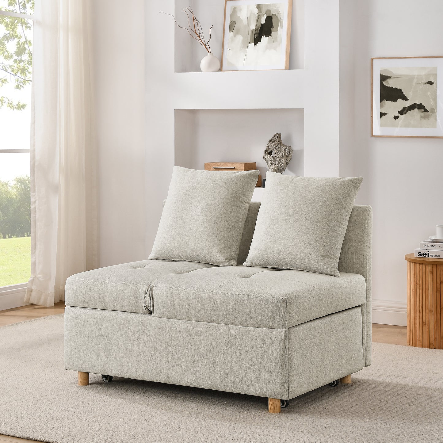 Cream upholstered sofa bed with two cushions and storage modern style