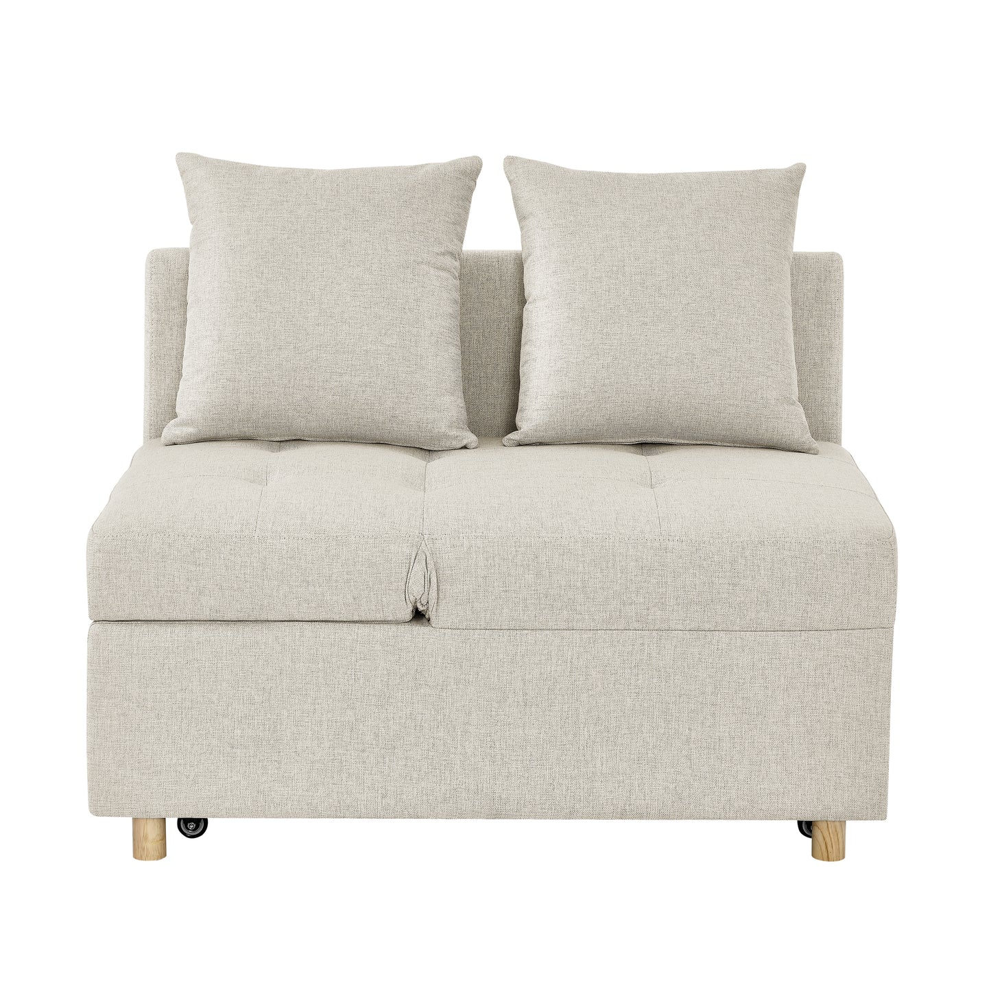 Beige fabric sleeper sofa with two throw pillows and wooden legs