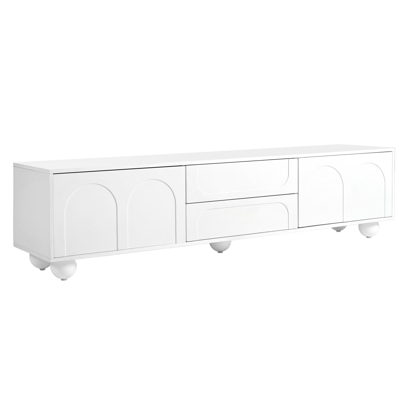 White Scandinavian media console with archpaneled doors and spherical feet