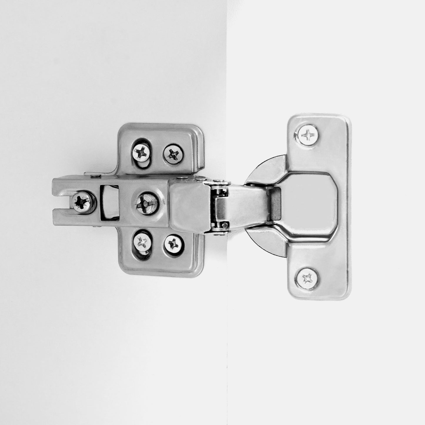 Silver cabinet hinge with visible screws ideal for kitchen doors