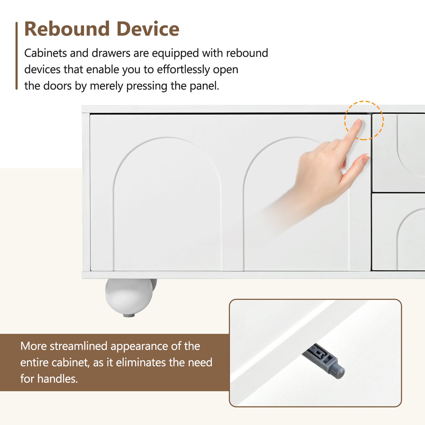 White cabinet door featuring a rebound device for handleless pushtoopen functionality