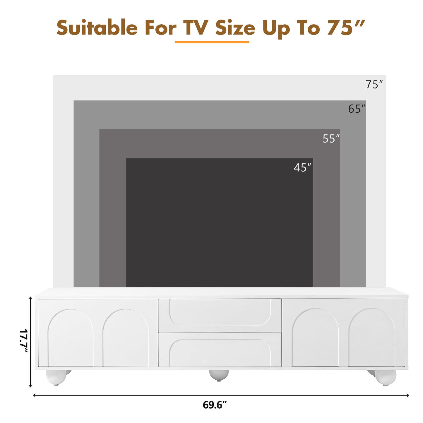 White TV stand with arched cabinet doors and two drawers supports up to inch TVs