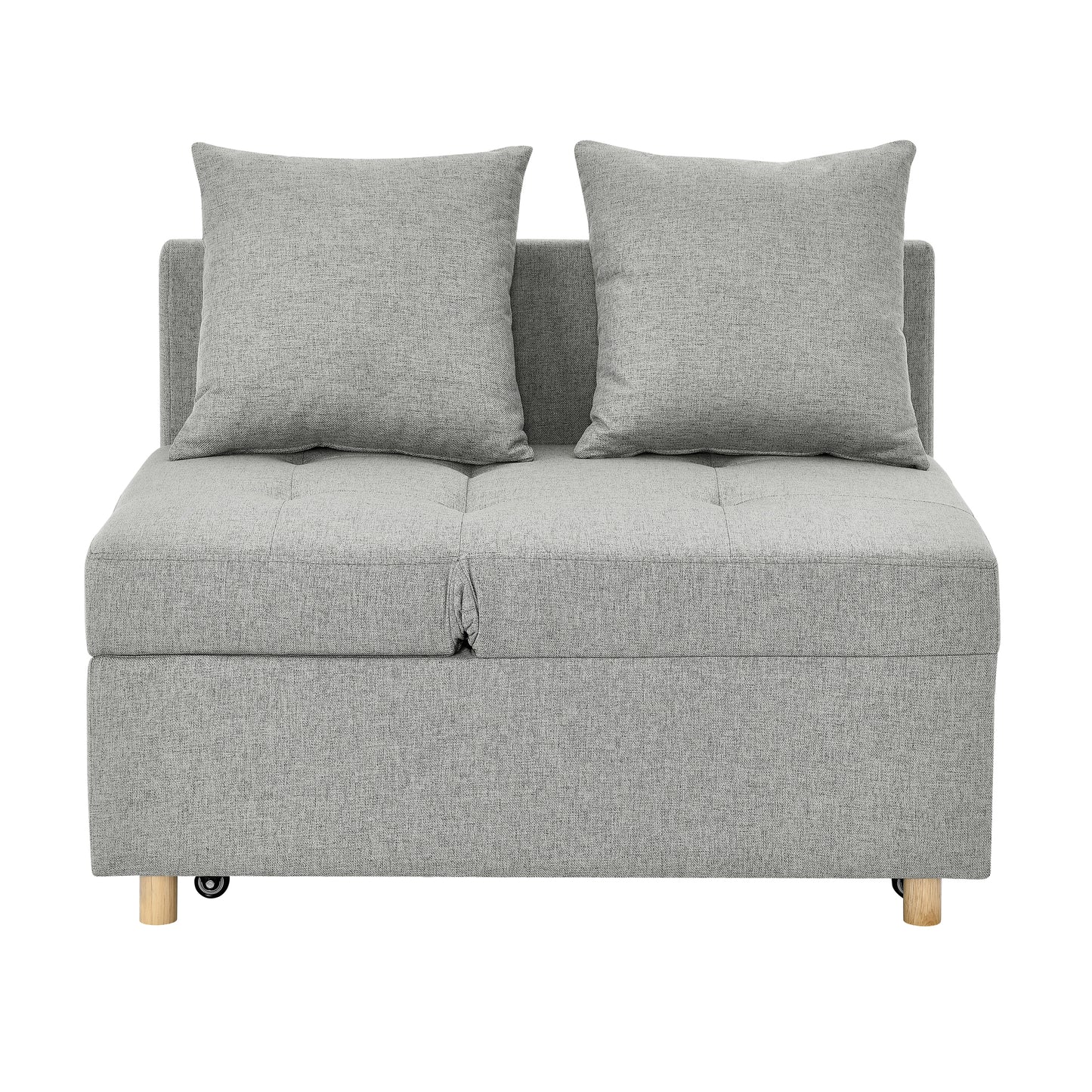 Compact grey fabric sofa bed with two throw pillows ideal for small spaces