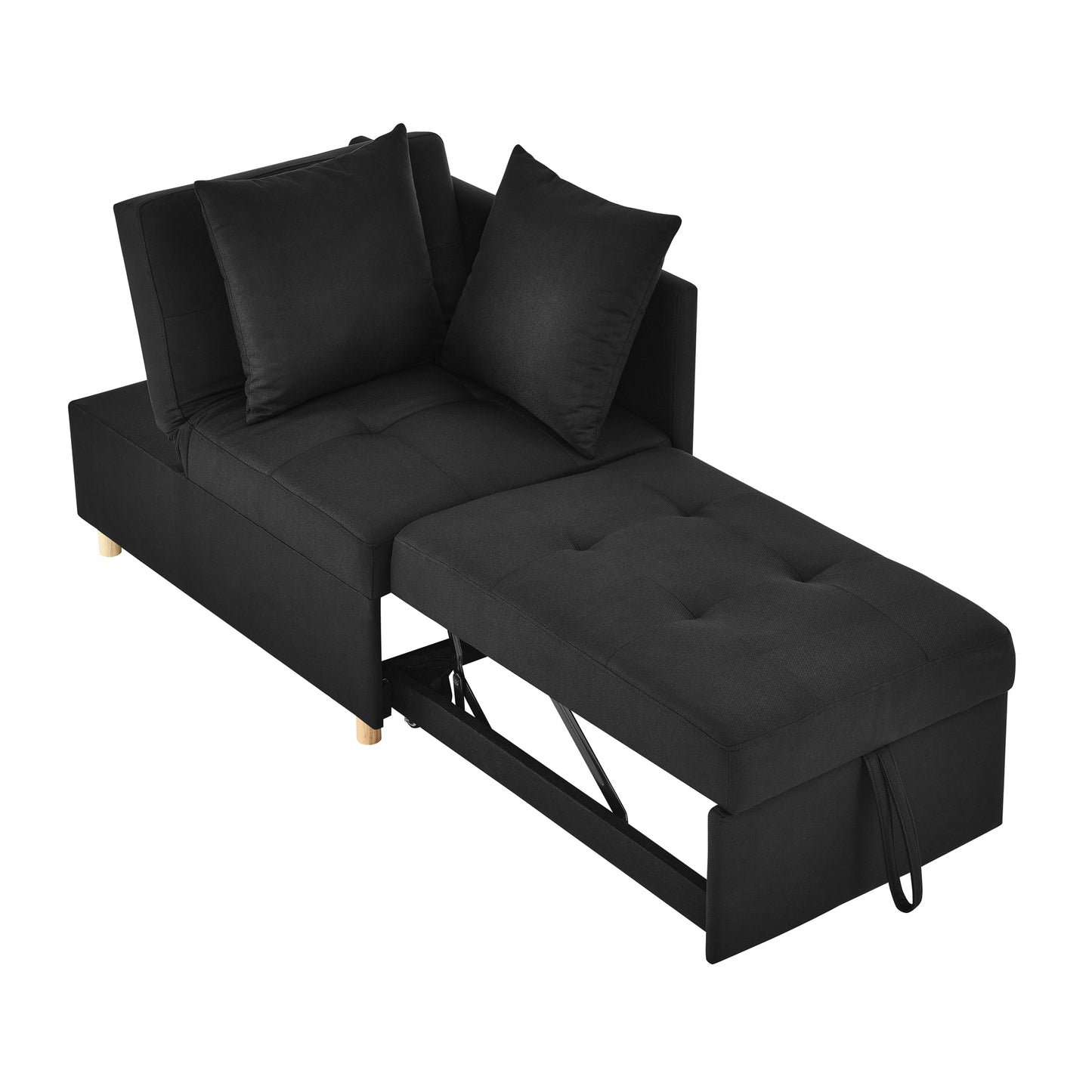 Black futon sofa bed with chaise lounge extended for a small apartment