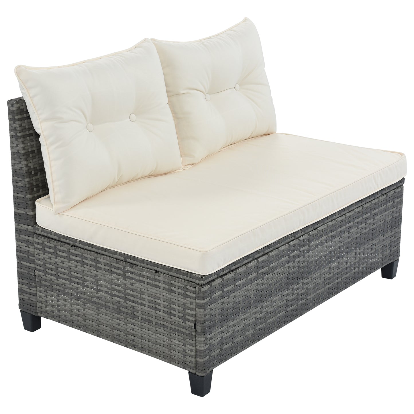 Gray wicker outdoor sectional chair with cream tufted cushions