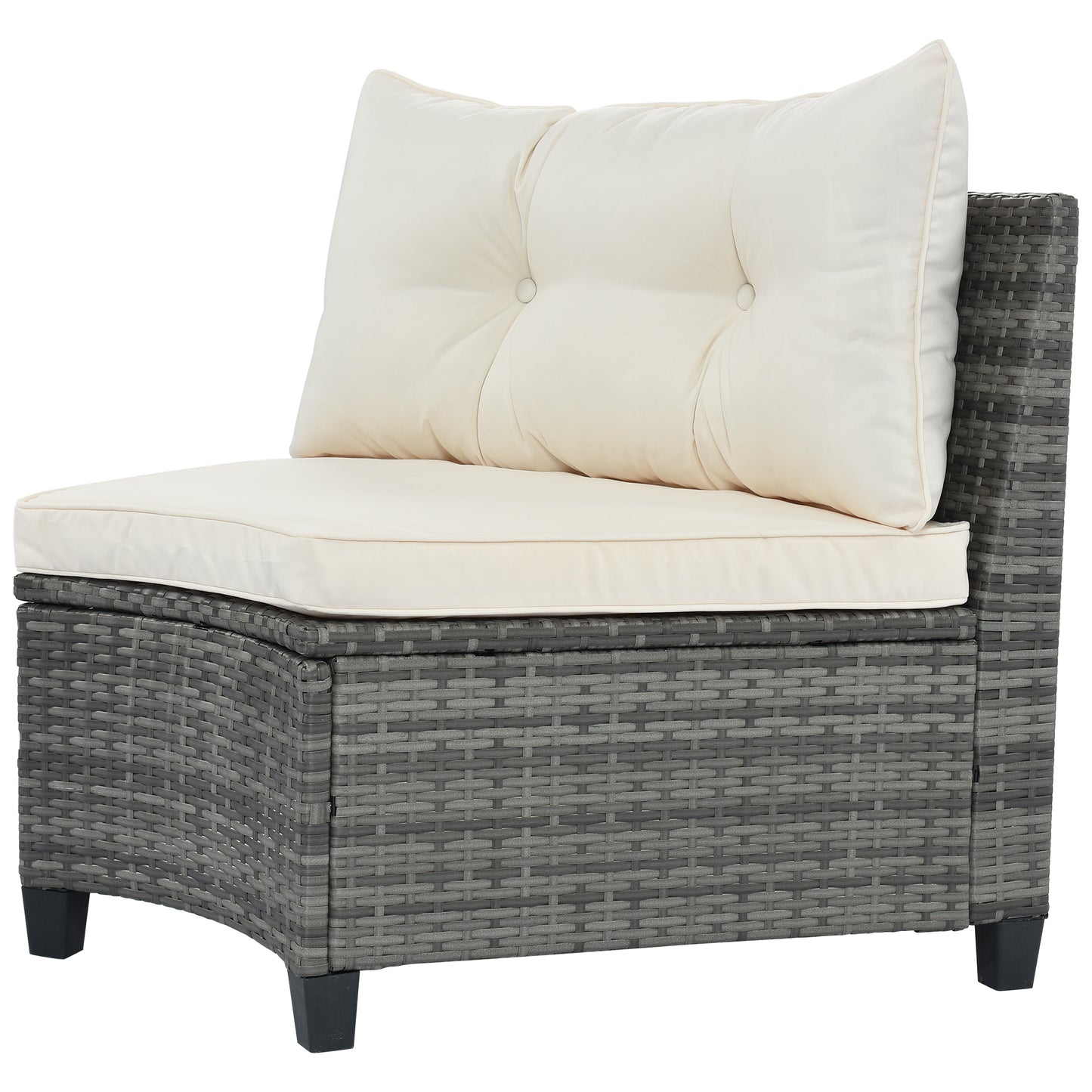 Gray wicker modular chair with tufted cream cushions for outdoor patio seating