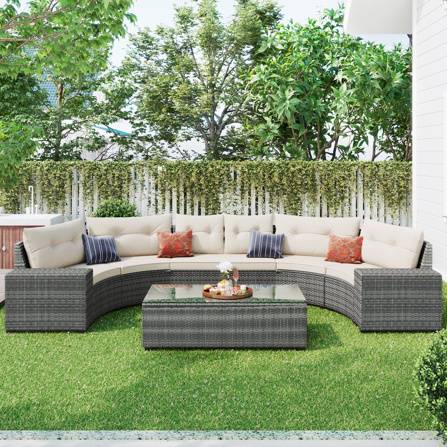 Curved outdoor sectional sofa with grey wicker and cream cushions for patio relaxation