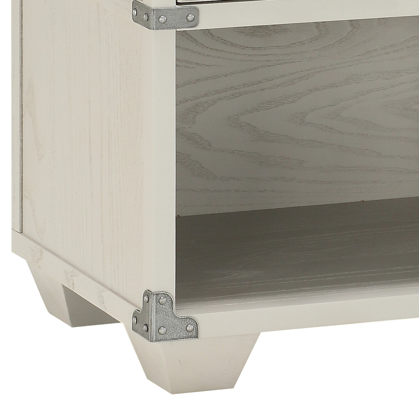 Distressed white wood end table with silver corner accents and open shelf