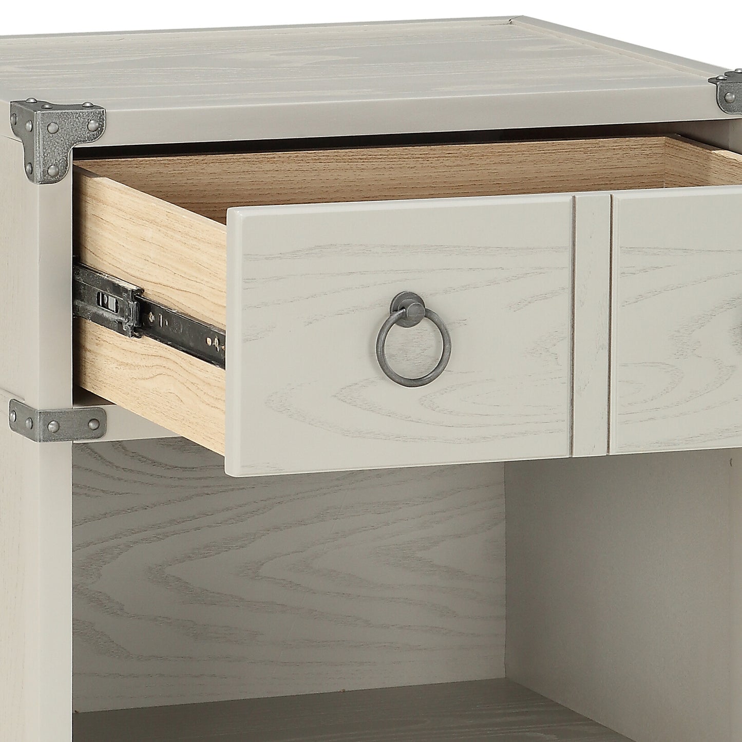 Light gray distressed wood nightstand with exposed drawer slides and ring pull handle