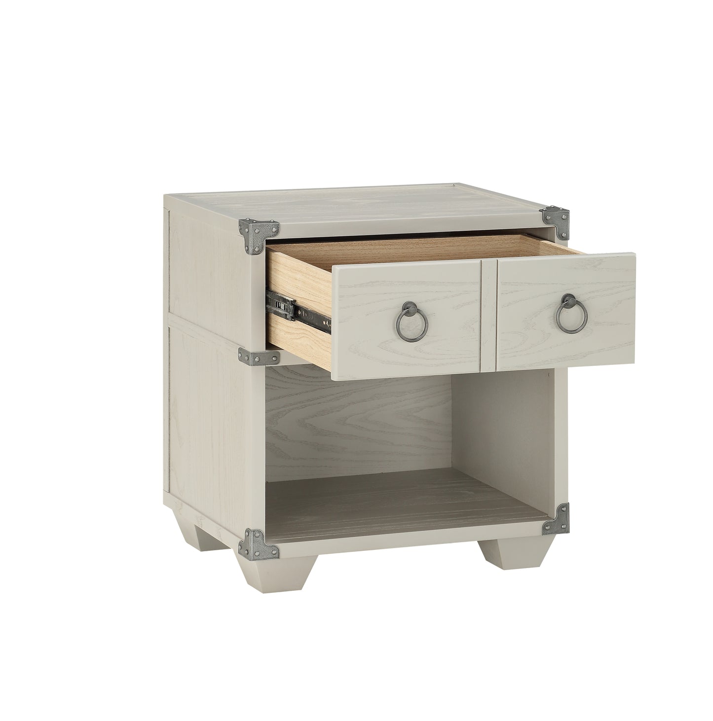 Rustic oak veneer nightstand with two drawers and an open shelf featuring metal ring pulls and corner details