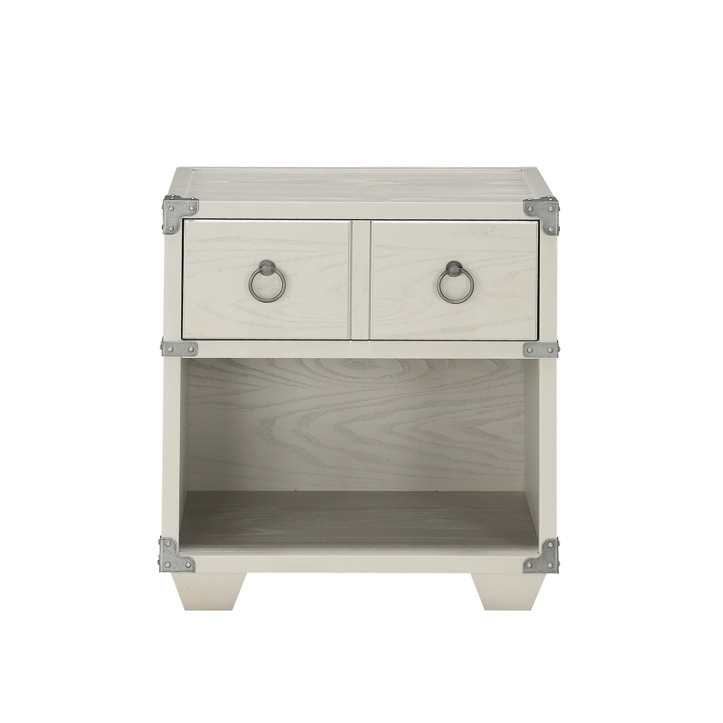 Light grey wooden accent table with two ringpull drawers and an open shelf