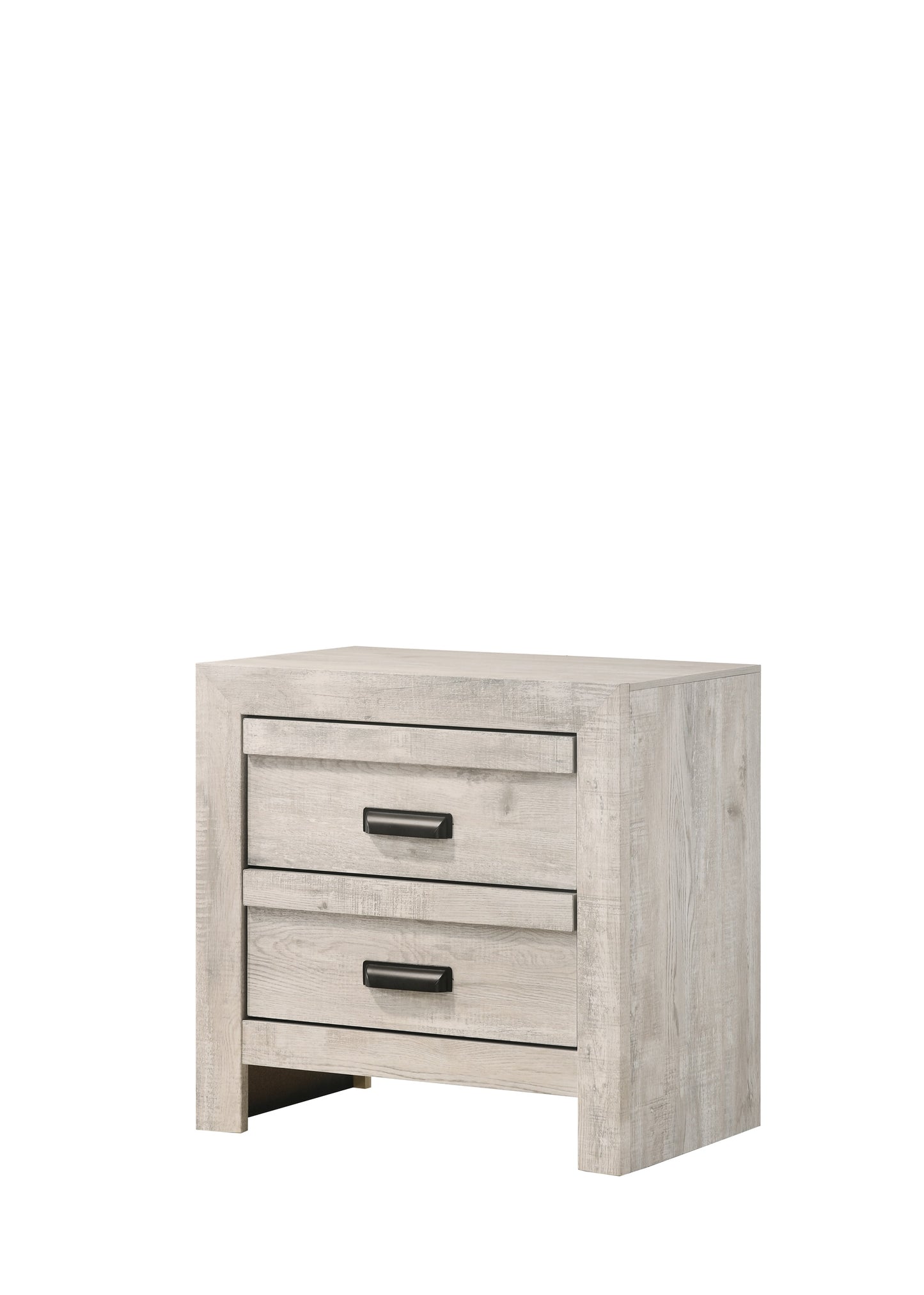 Whitewashed wood drawer nightstand with black pull handles