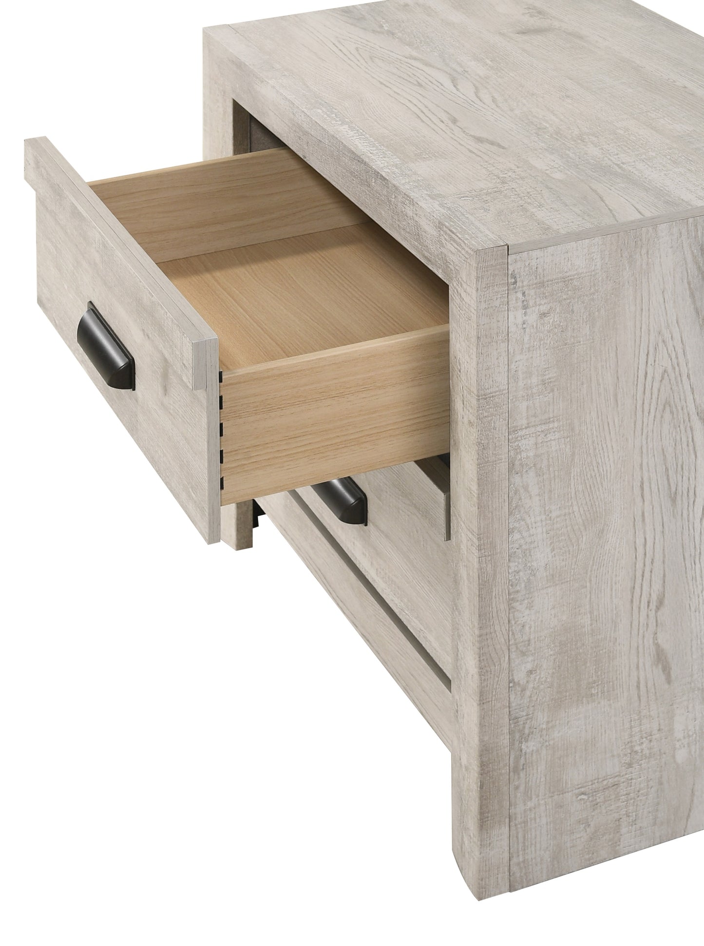 Distressed wood end table with one open drawer and black cup pull light gray wash