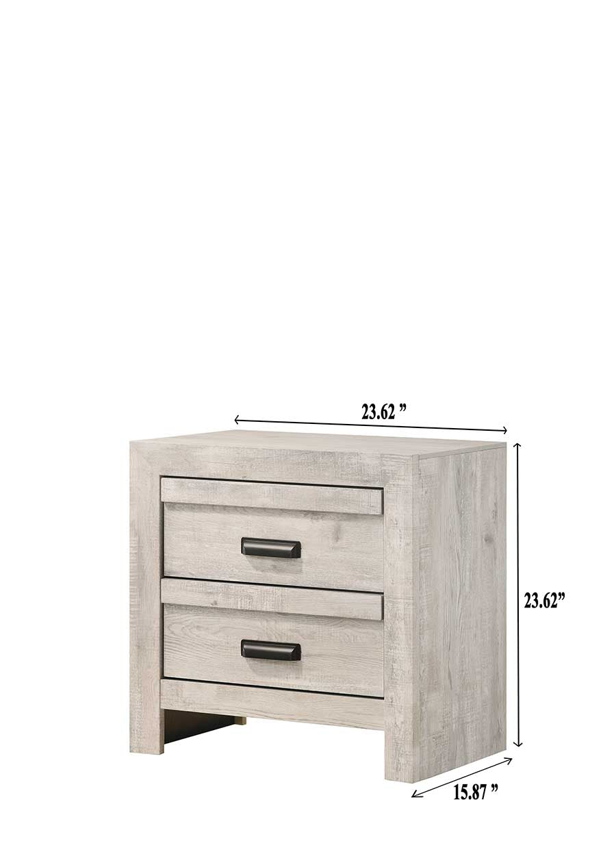 Rustic wood nightstand with two drawers and black hardware
