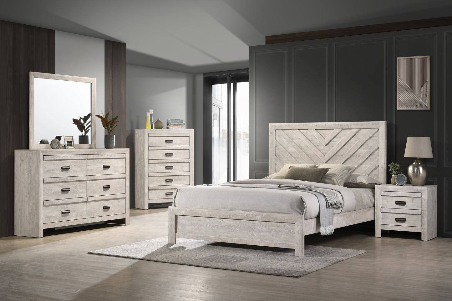 Light wood king size bed with chevron headboard and matching dresser