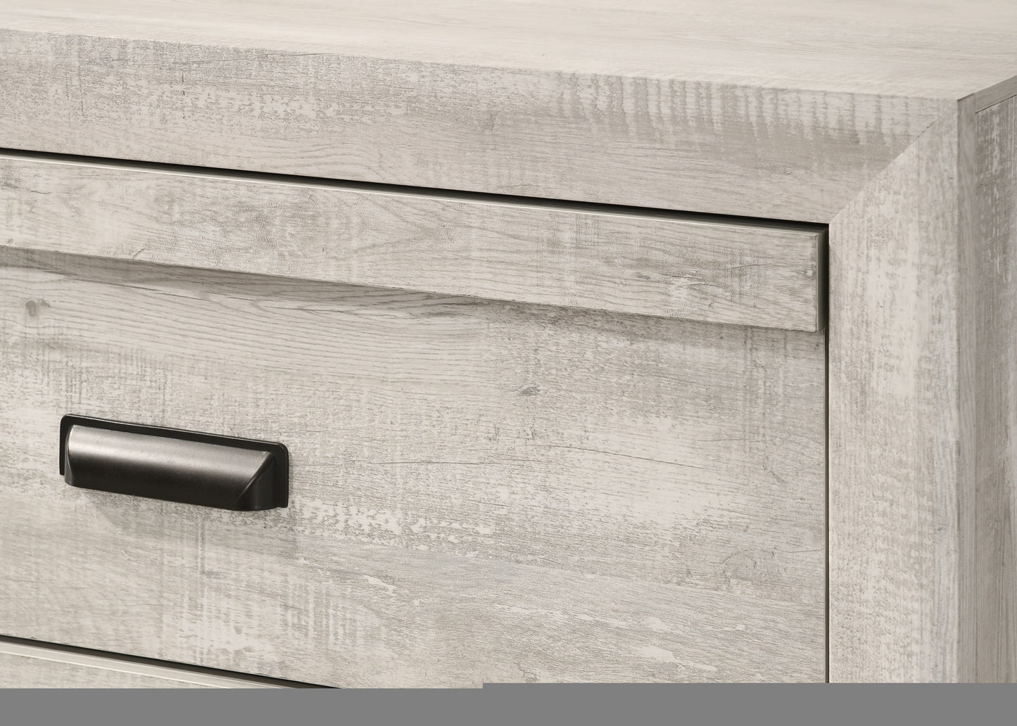Distressed wood bedside table with black drawer pull ideal for modern bedrooms