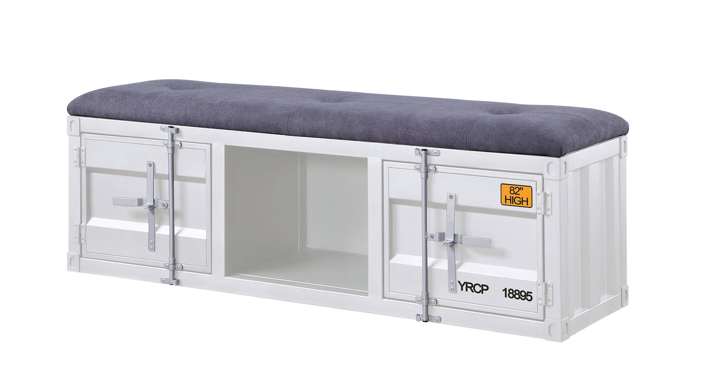 White industrial storage bench with tufted gray upholstered seat and metal latch doors