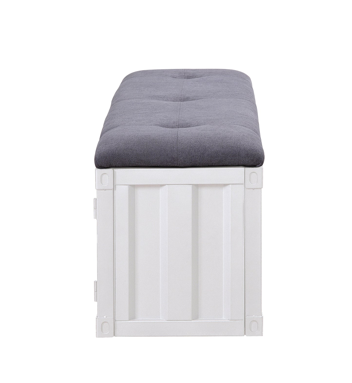 Tufted gray fabric storage ottoman with white paneled sides