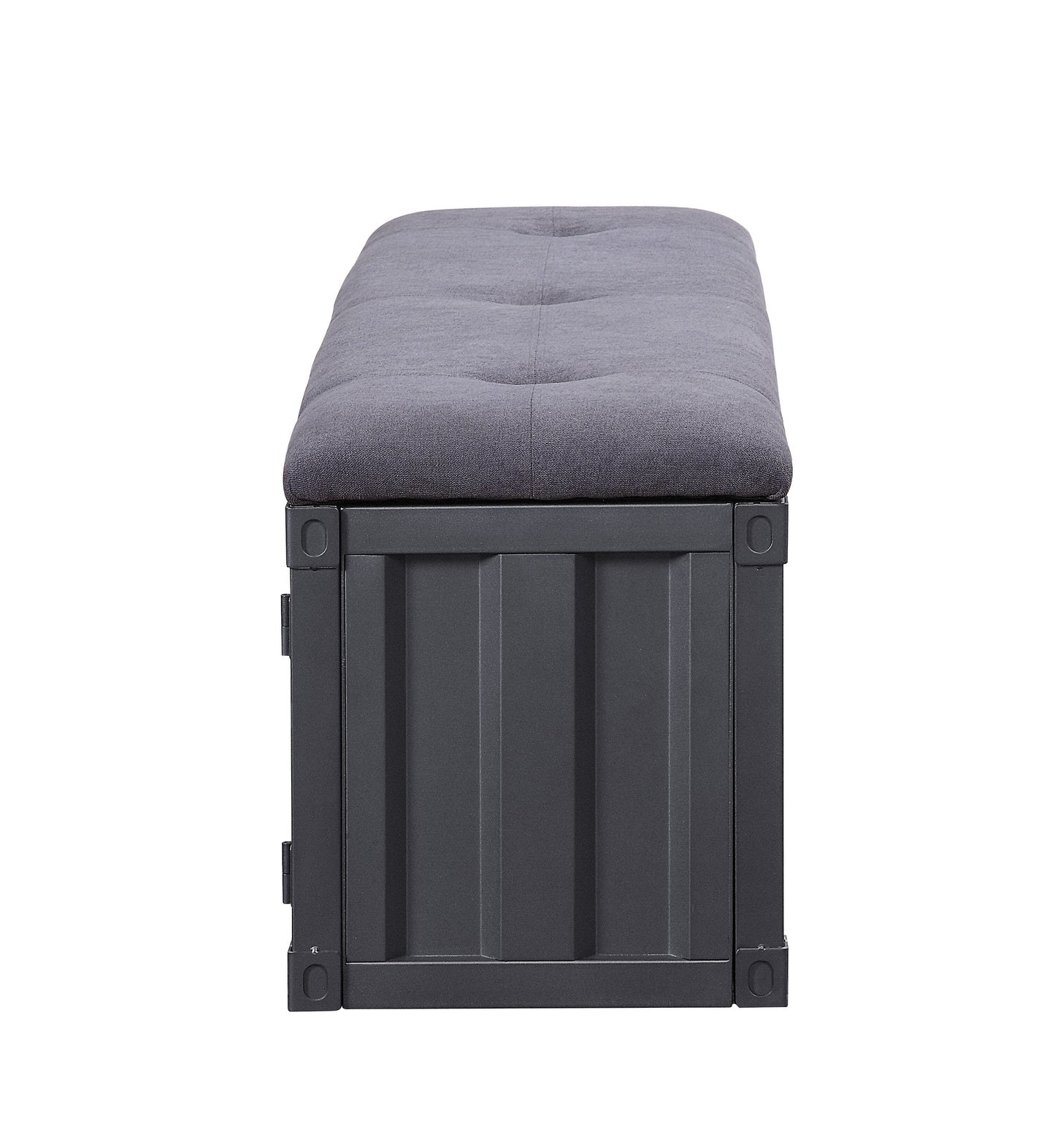 Dark gray upholstered storage bench with button tufting and corrugated metal base