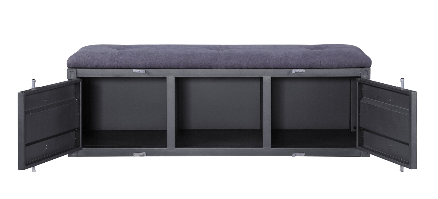 Dark grey upholstered storage bench with three open compartments and metal frame