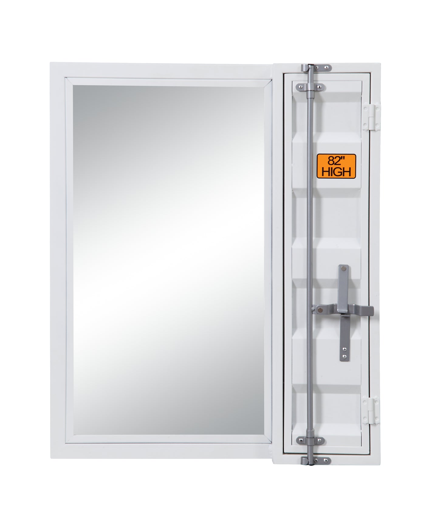 Modern white rectangular medicine cabinet with a reflective mirror surface and industrialstyle door latch