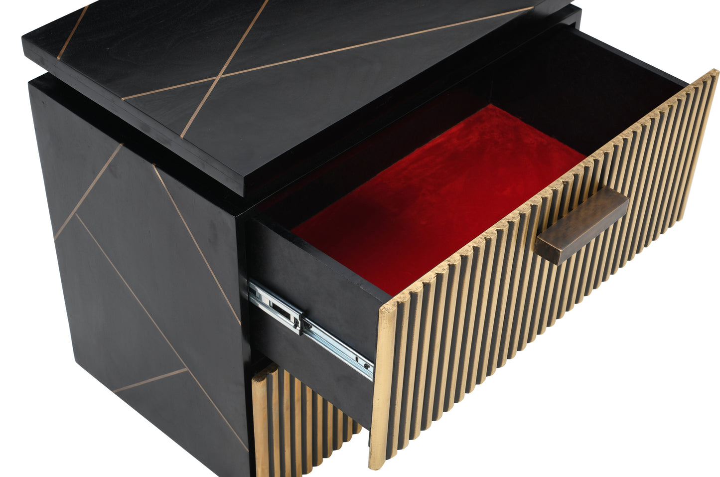 Black bedside table with brass accents and red velvet drawer lining