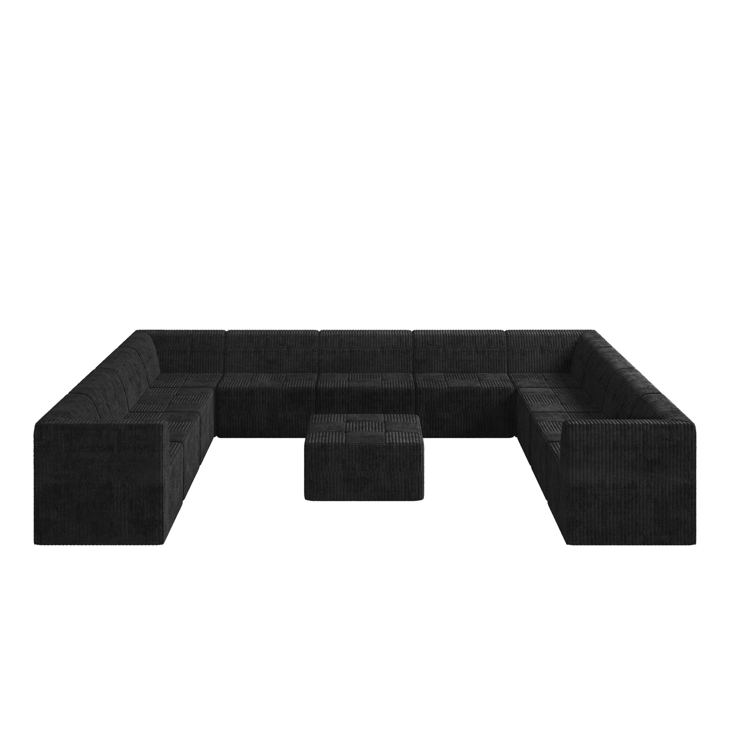 Black corduroy modular sectional sofa with ottoman for living room seating
