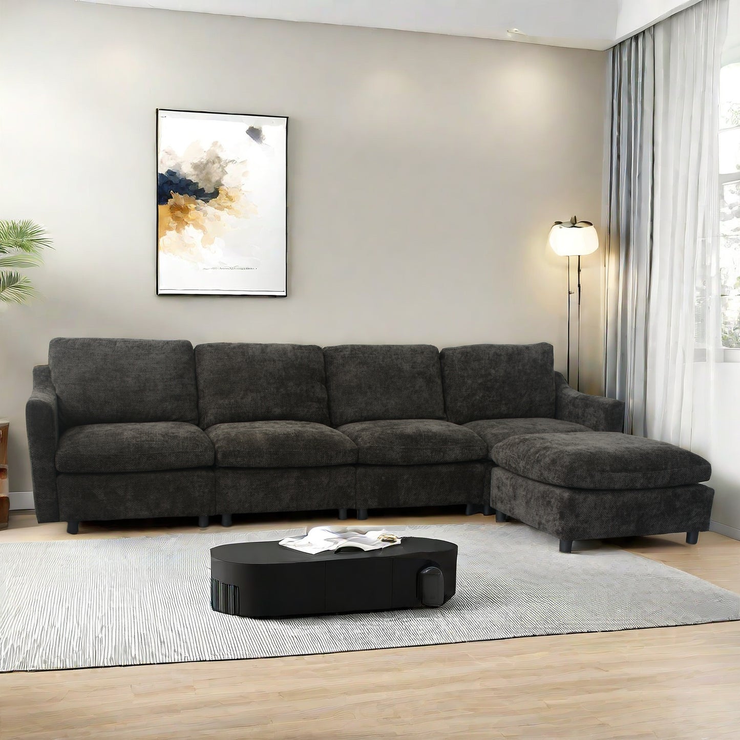 Dark charcoal sectional sofa with chaise and textured upholstery modern living room essential
