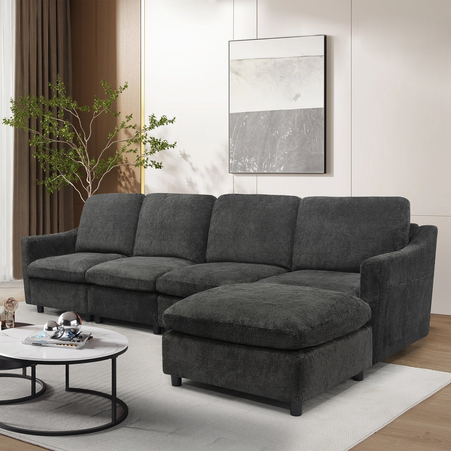 Dark charcoal sectional sofa with chaise lounge and textured fabric upholstery