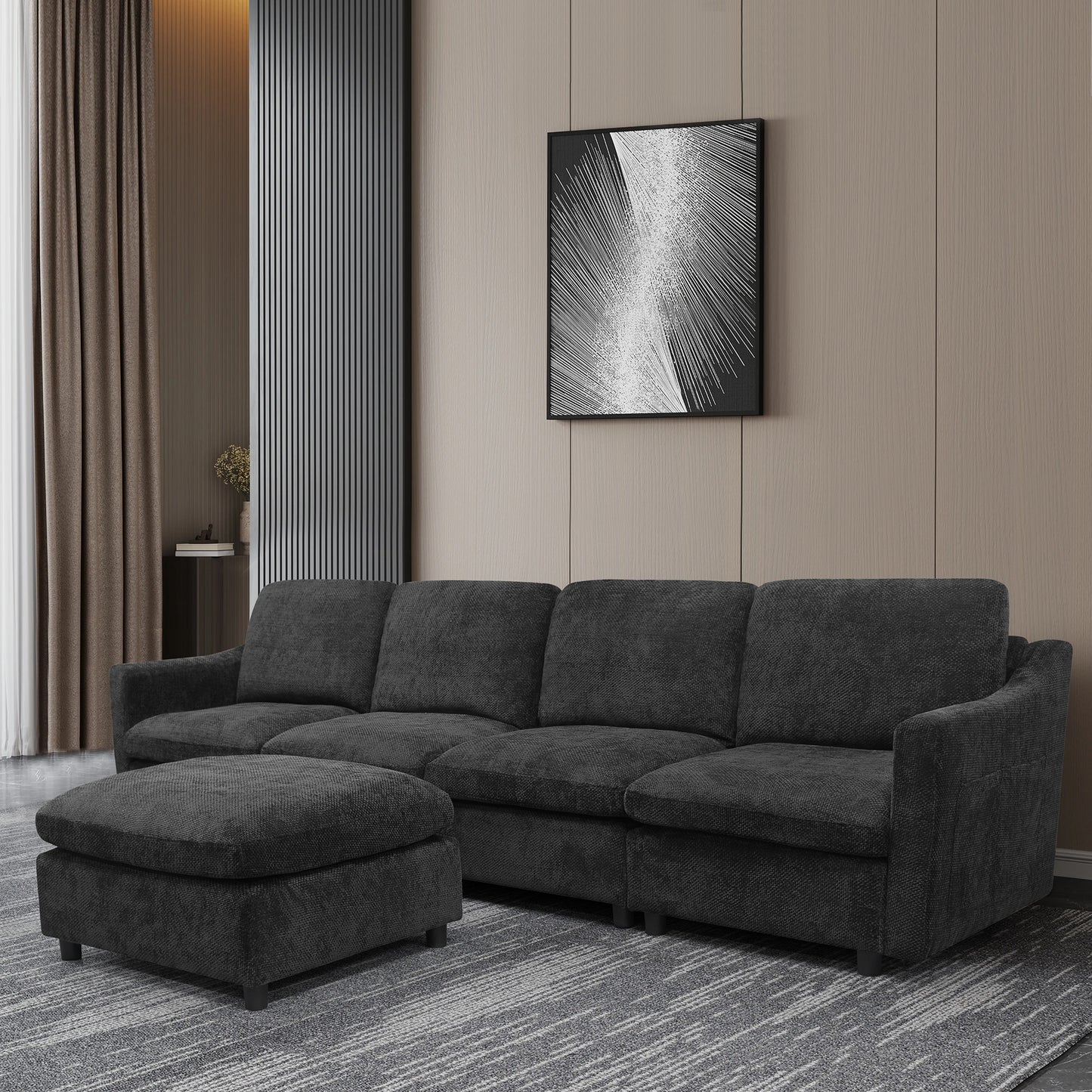 Charcoal grey fabric sectional sofa with ottoman perfect for living room seating