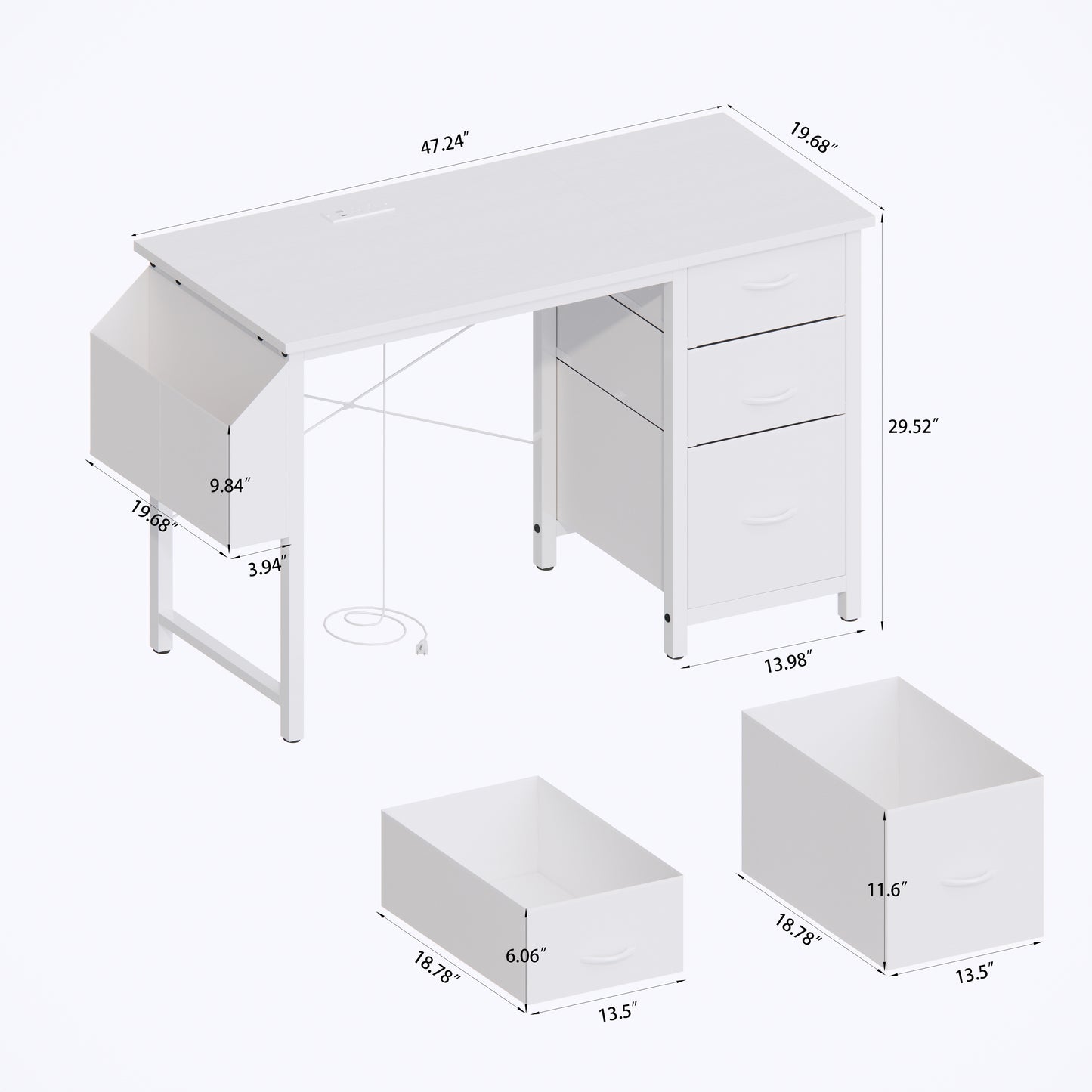White metal writing desk with attached magazine holder and three drawers perfect for small spaces