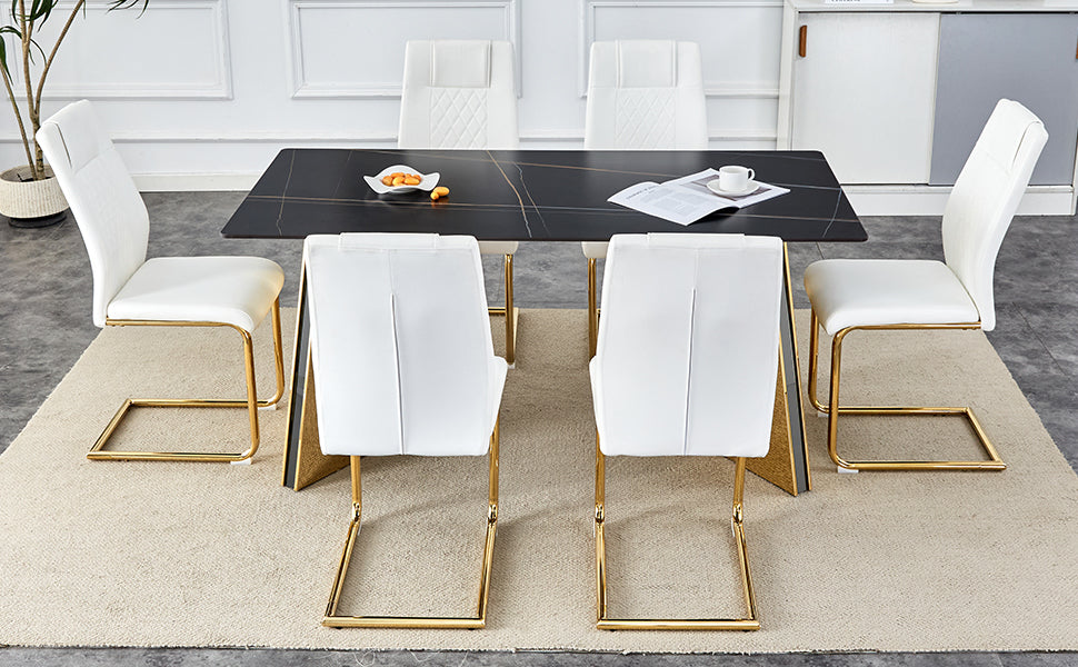 Modern white upholstered dining chairs with gold metal legs set of six