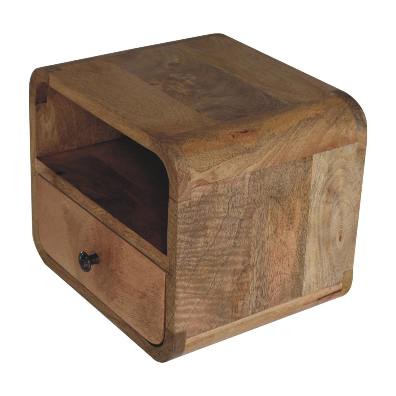 Rustic mango wood bedside table with curved edges and one drawer for storage
