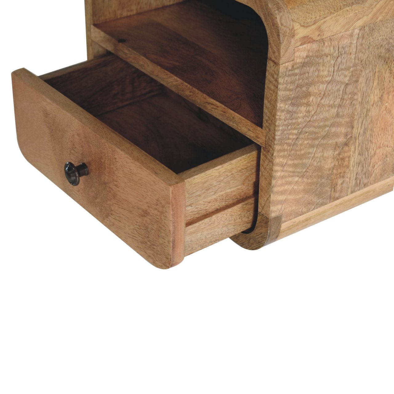 Wooden bedside table with an open drawer and visible grain pattern