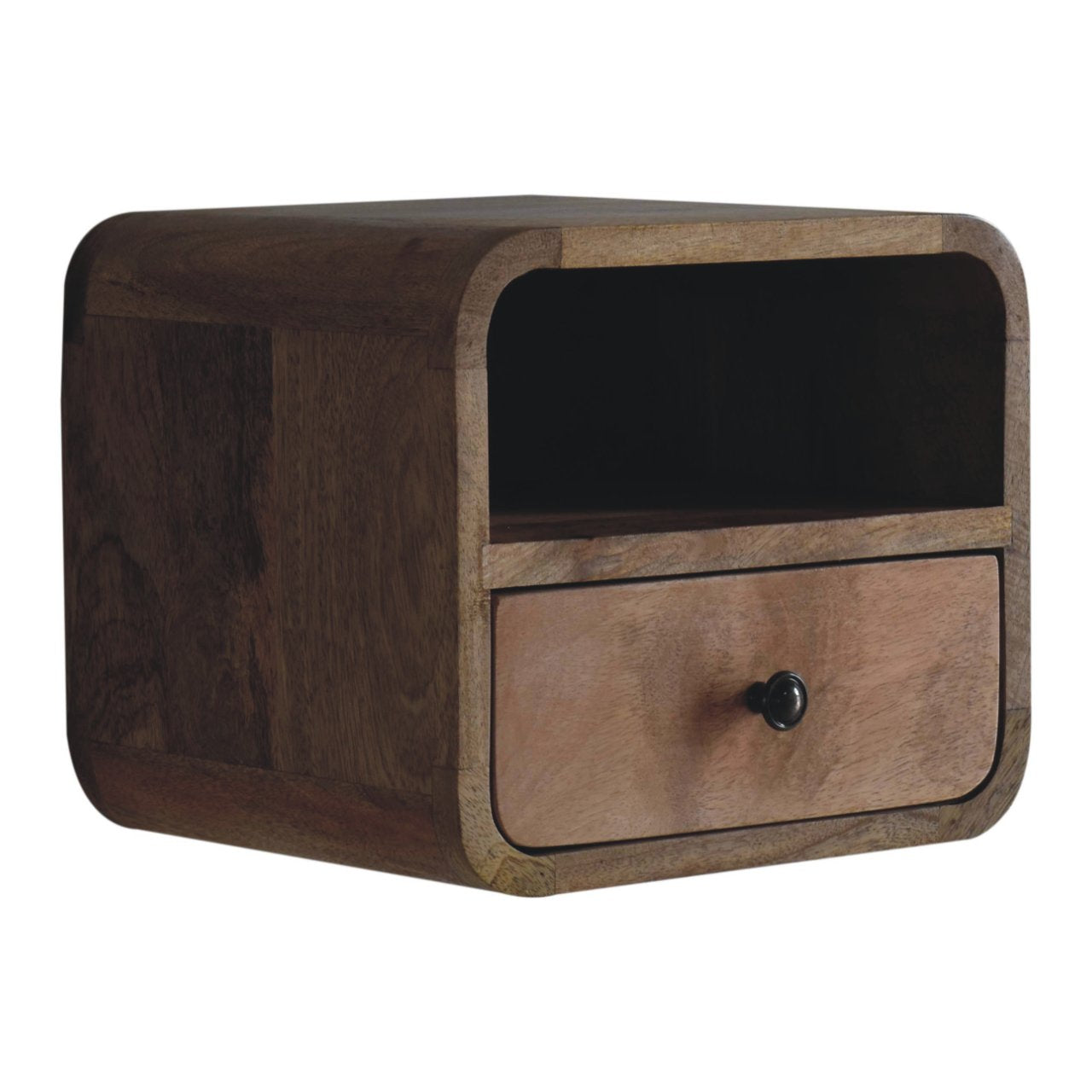 Rounded edge wooden bedside table with one drawer and open shelf