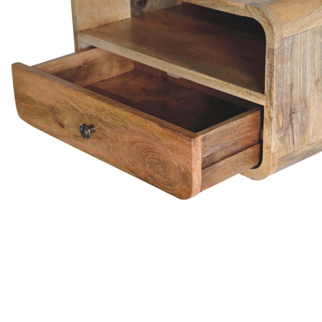 Natural mango wood bedside table with open shelf and partially pulledout drawer