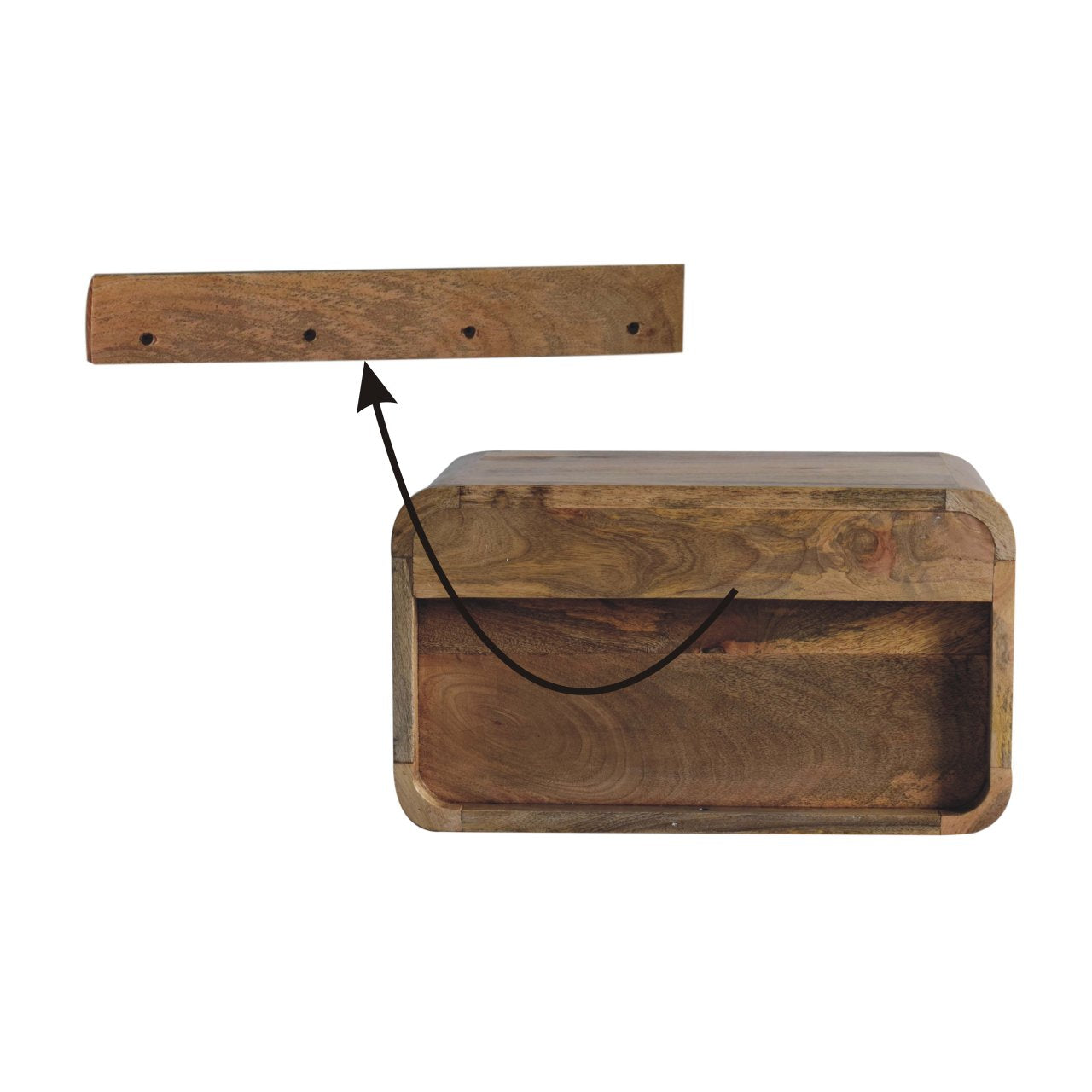 Floating wooden bedside table with rounded edges and a drawer