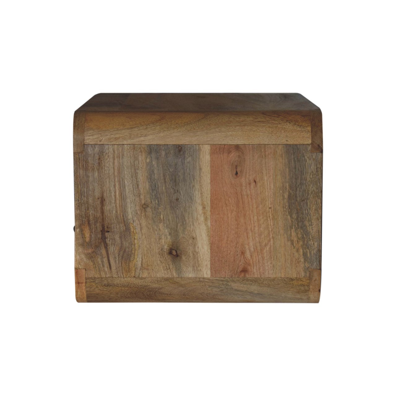 A reclaimed wood bedside table with a natural finish and subtle color variations