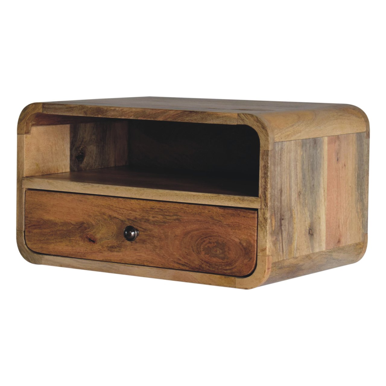 Wooden bedside table with one drawer and open shelf natural finish curved edges