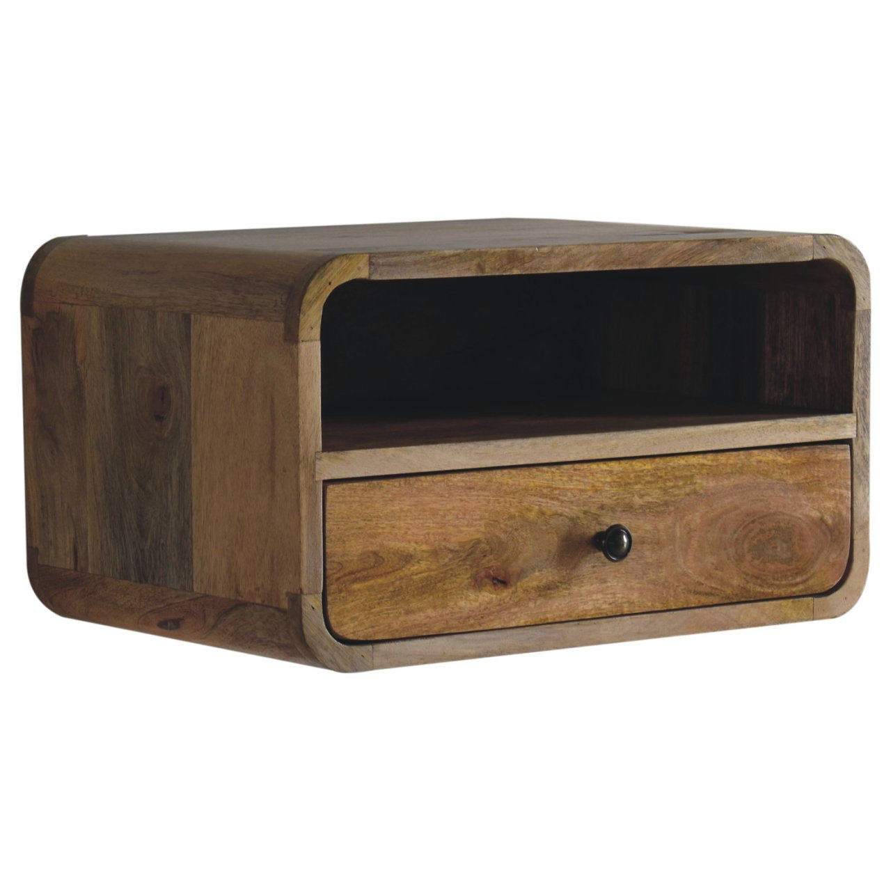 Solid mango wood bedside table with curved edges and one drawer ideal for modern bedrooms