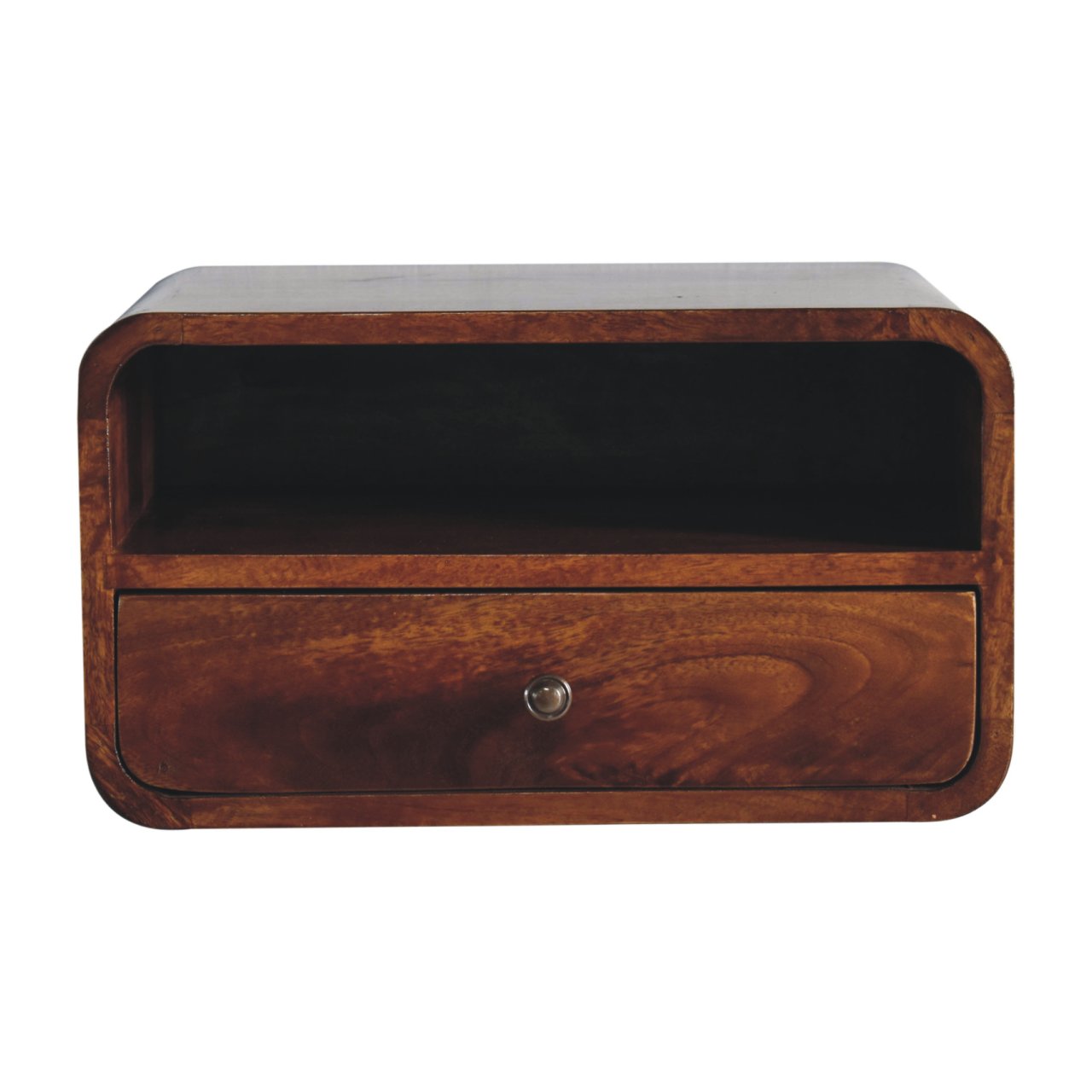 Solid wood nightstand with curved edges one open shelf and a single drawer
