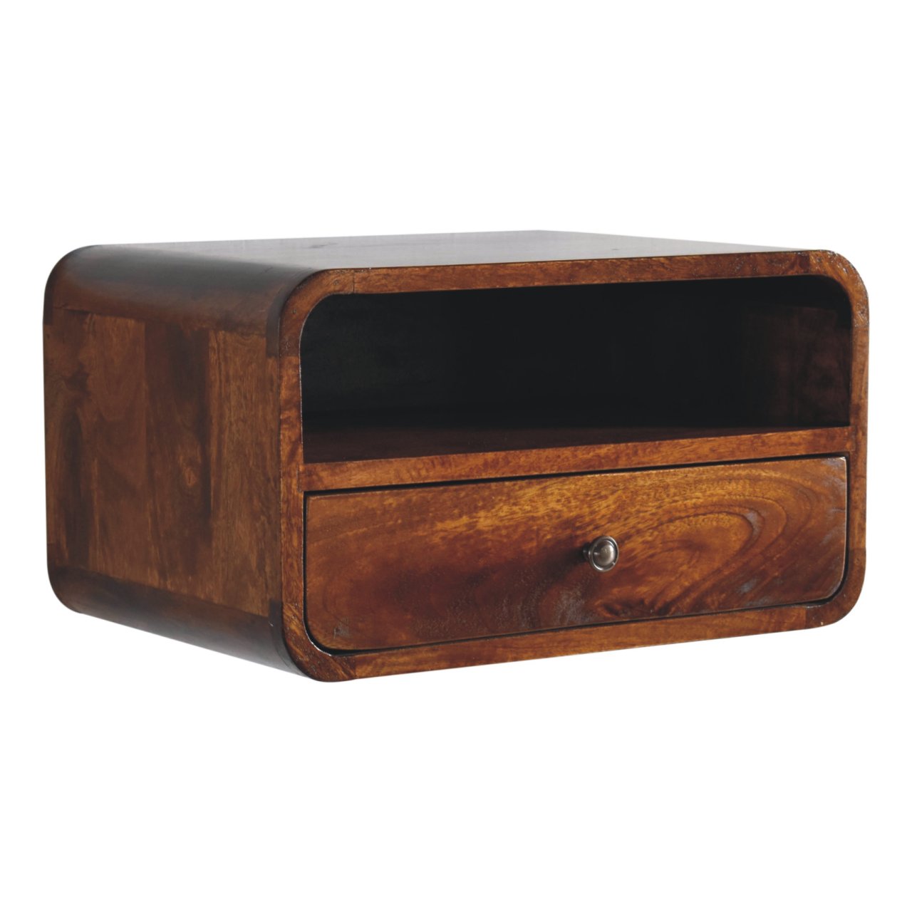 Solid wood bedside table with rounded edges and single drawer