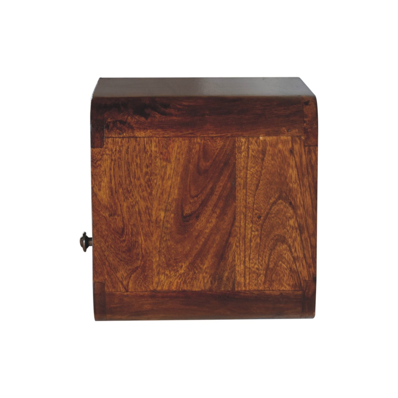 Antique wooden jewelry box with curved top and brass knob detail