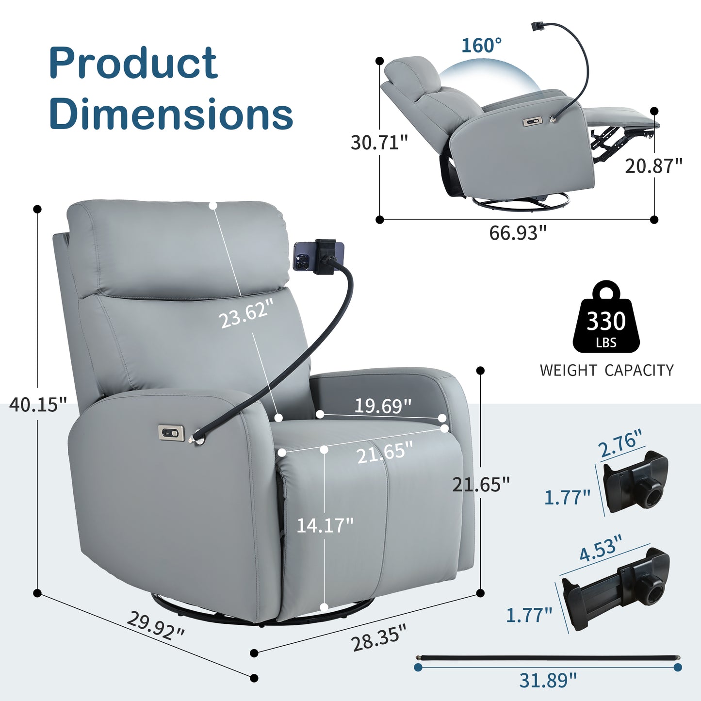 Grey leather recliner chair with adjustable headrest and footrest featuring phone holder attachment