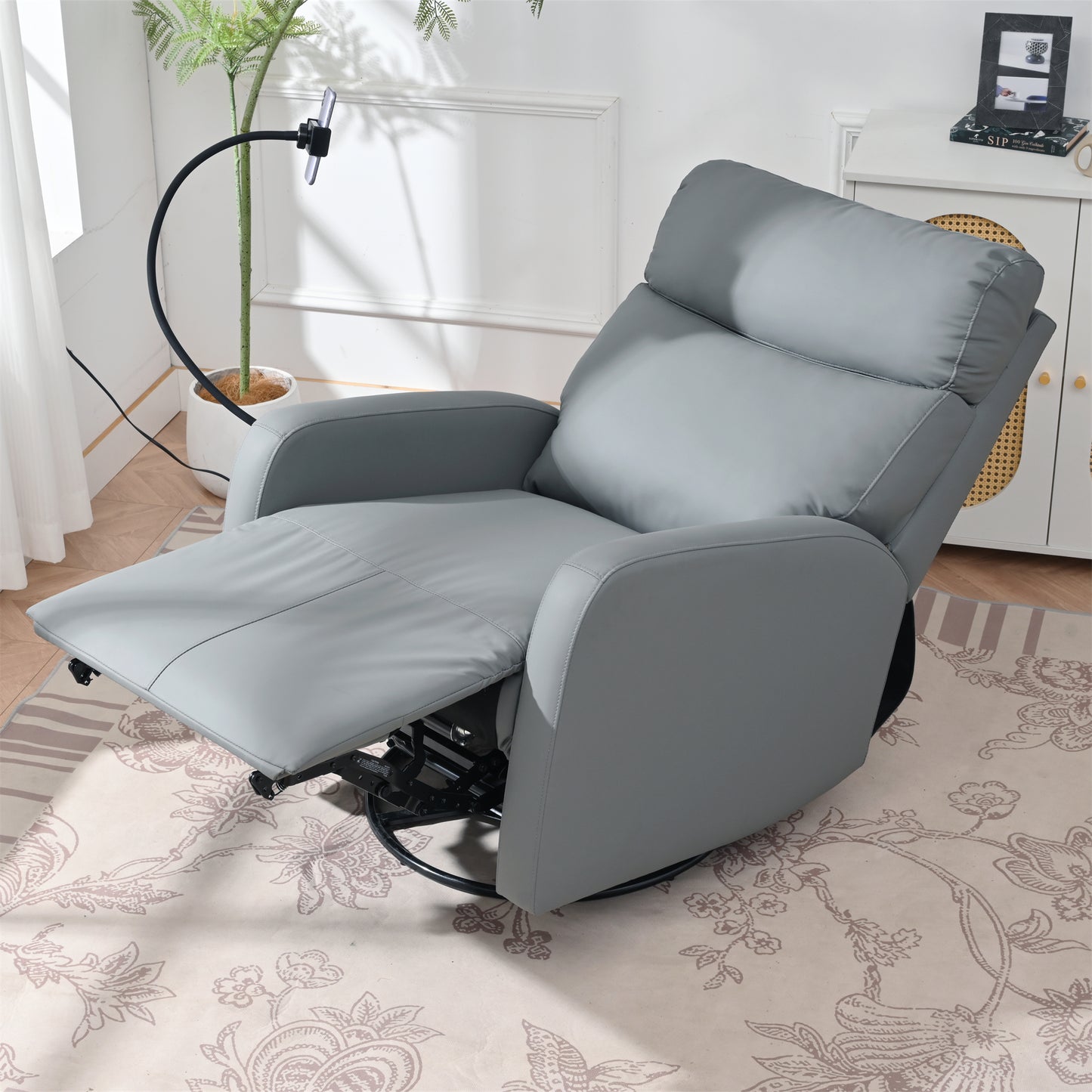 Gray leather power recliner with footrest extended ideal for home theater seating