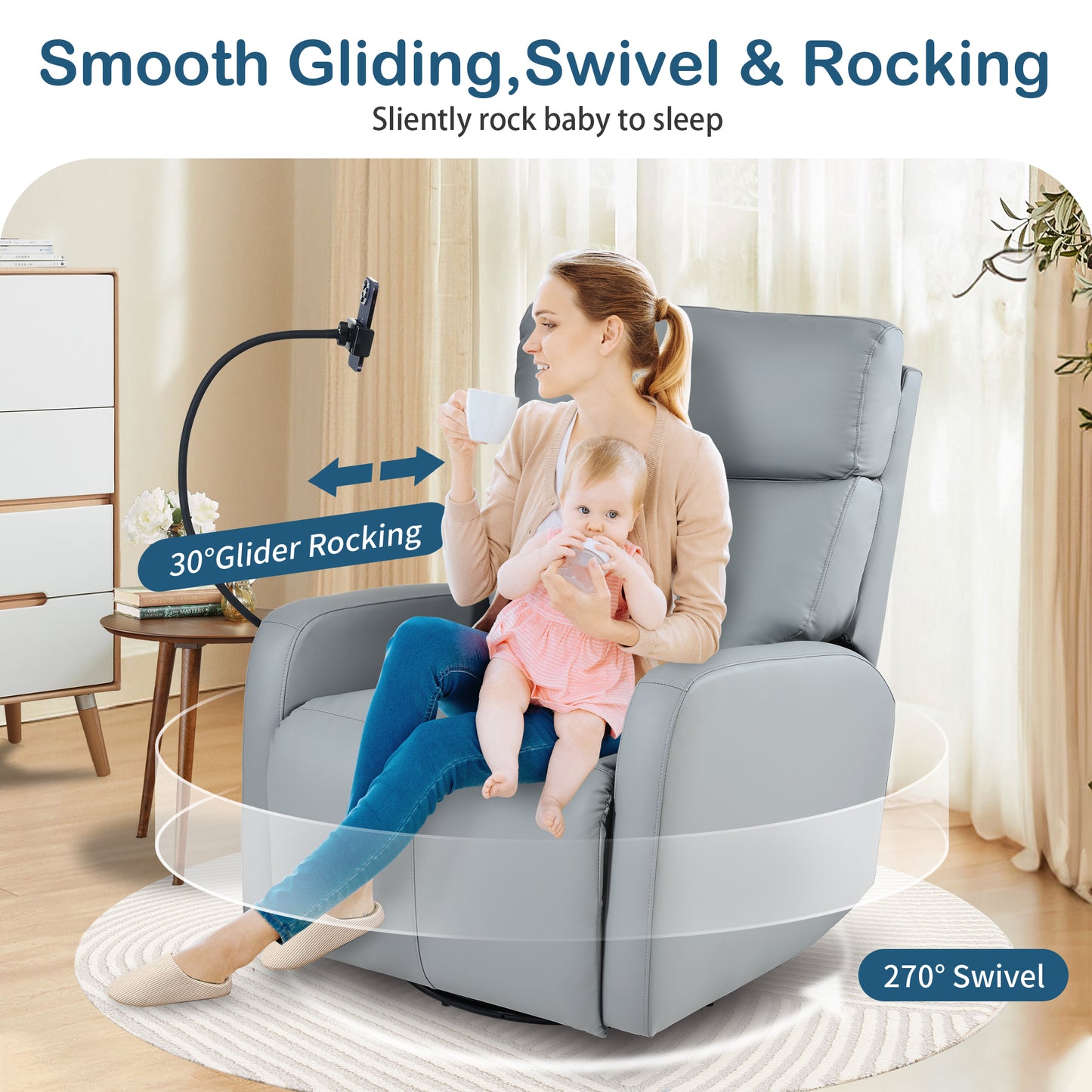 Grey leather glider chair with rocking and swivel for nurseries