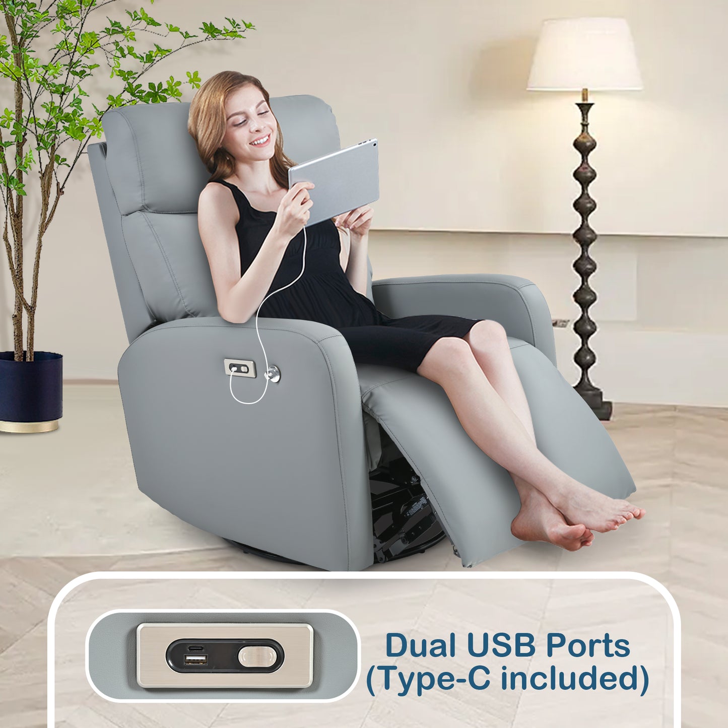 Grey upholstered recliner chair with dual USB ports and a woman using a tablet